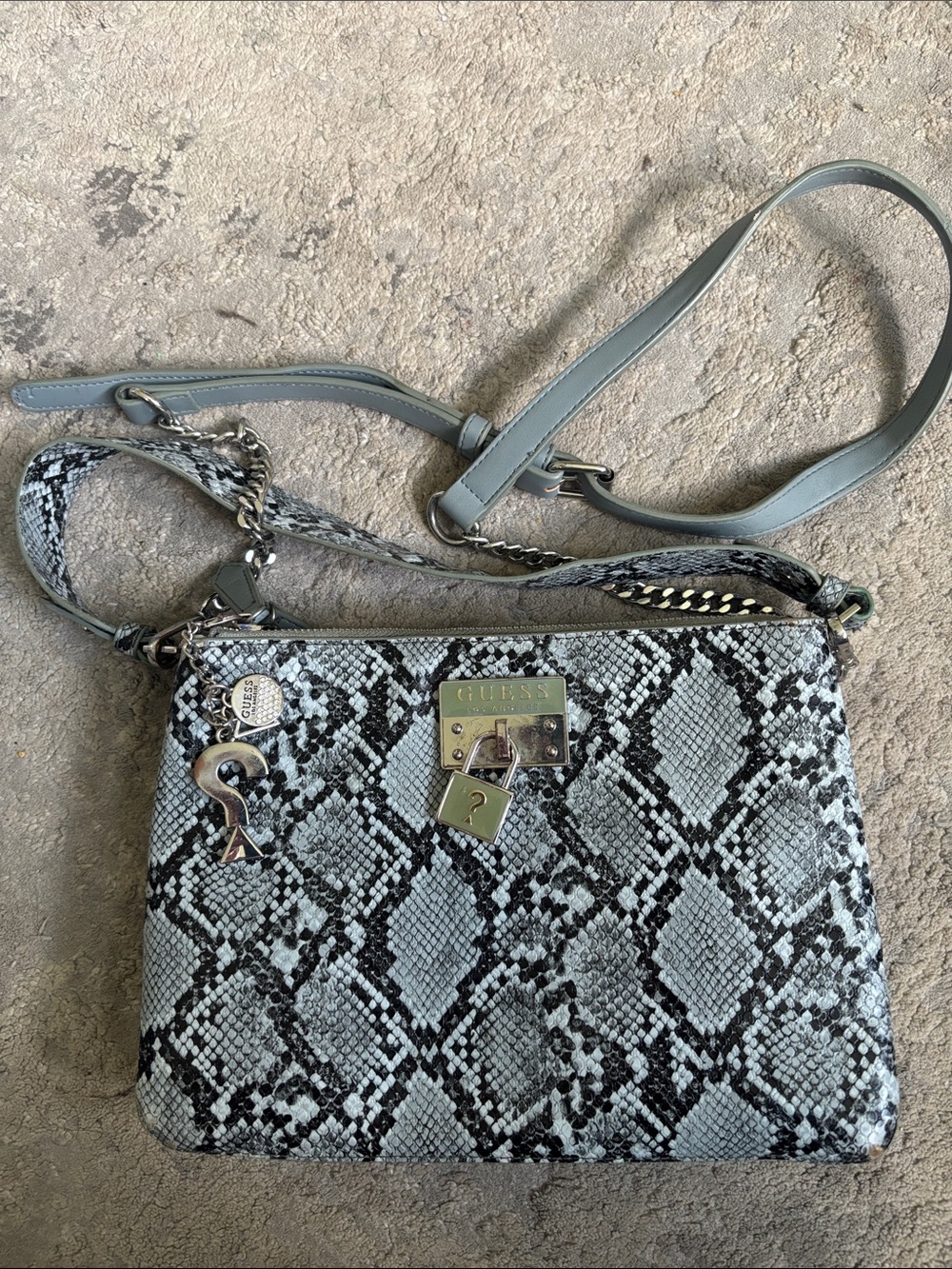 GUESS Snake-Print Crossbody in Light Blue and Black FAIR CONDITION